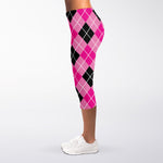 Black And Pink Argyle Pattern Print Women's Capri Leggings