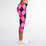 Black And Pink Argyle Pattern Print Women's Capri Leggings