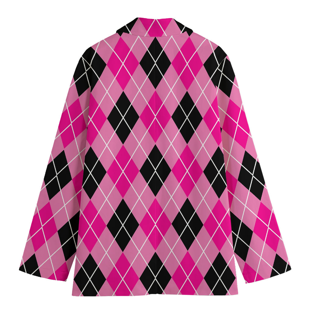 Black And Pink Argyle Pattern Print Women's Cotton Blazer
