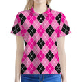 Black And Pink Argyle Pattern Print Women's Polo Shirt