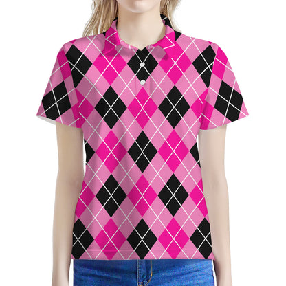 Black And Pink Argyle Pattern Print Women's Polo Shirt
