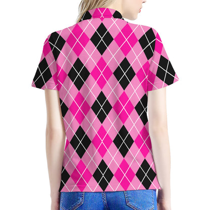 Black And Pink Argyle Pattern Print Women's Polo Shirt