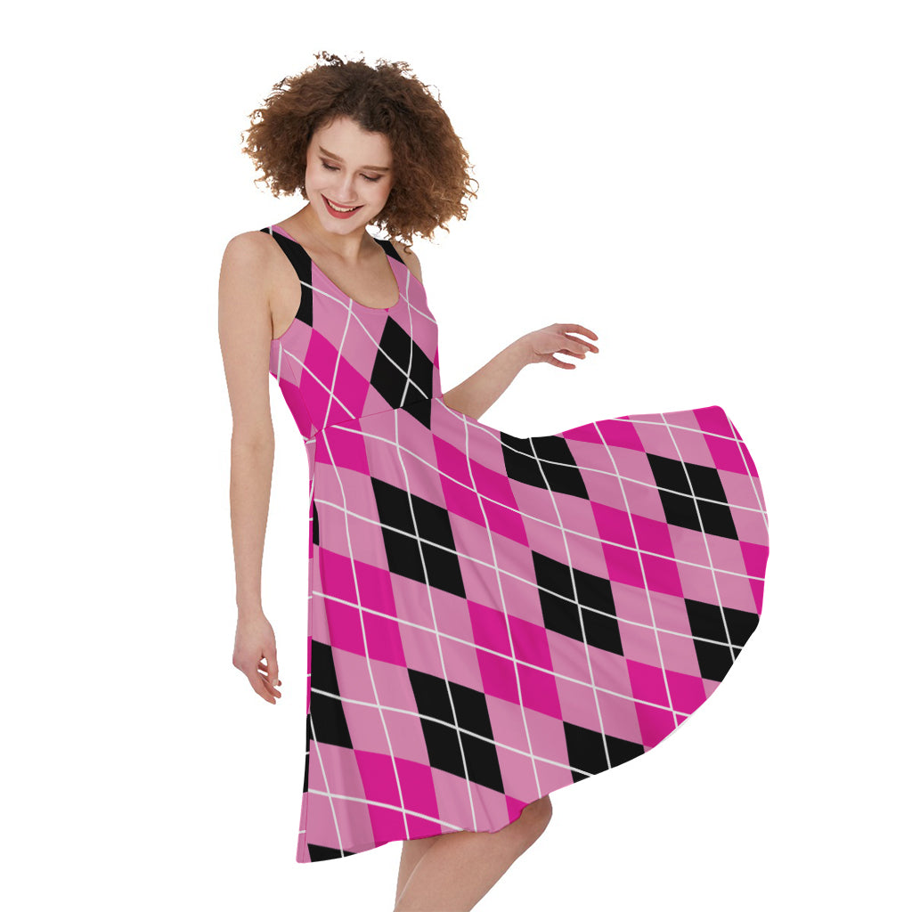 Black And Pink Argyle Pattern Print Women's Sleeveless Dress