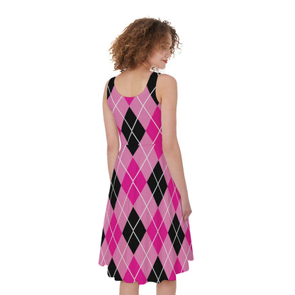 Black And Pink Argyle Pattern Print Women's Sleeveless Dress