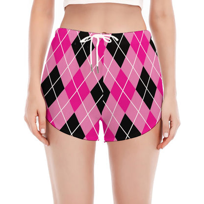 Black And Pink Argyle Pattern Print Women's Split Running Shorts