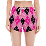 Black And Pink Argyle Pattern Print Women's Split Running Shorts