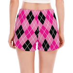 Black And Pink Argyle Pattern Print Women's Split Running Shorts