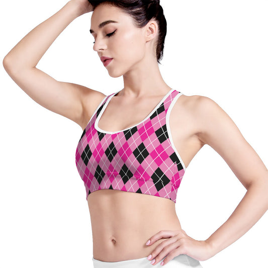 Black And Pink Argyle Pattern Print Women's Sports Bra
