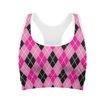 Black And Pink Argyle Pattern Print Women's Sports Bra