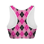 Black And Pink Argyle Pattern Print Women's Sports Bra