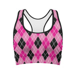 Black And Pink Argyle Pattern Print Women's Sports Bra