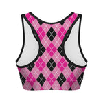 Black And Pink Argyle Pattern Print Women's Sports Bra