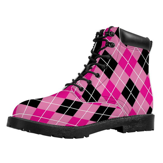Black And Pink Argyle Pattern Print Work Boots