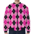 Black And Pink Argyle Pattern Print Zip Sleeve Bomber Jacket