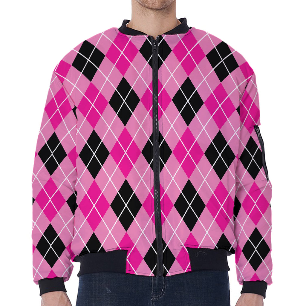 Black And Pink Argyle Pattern Print Zip Sleeve Bomber Jacket
