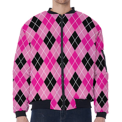 Black And Pink Argyle Pattern Print Zip Sleeve Bomber Jacket