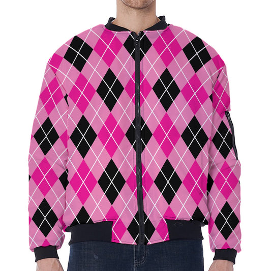 Black And Pink Argyle Pattern Print Zip Sleeve Bomber Jacket
