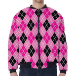 Black And Pink Argyle Pattern Print Zip Sleeve Bomber Jacket