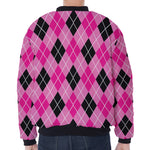 Black And Pink Argyle Pattern Print Zip Sleeve Bomber Jacket