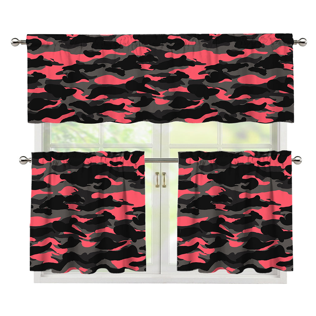 Black And Pink Camouflage Print 3 Piece Kitchen Curtains