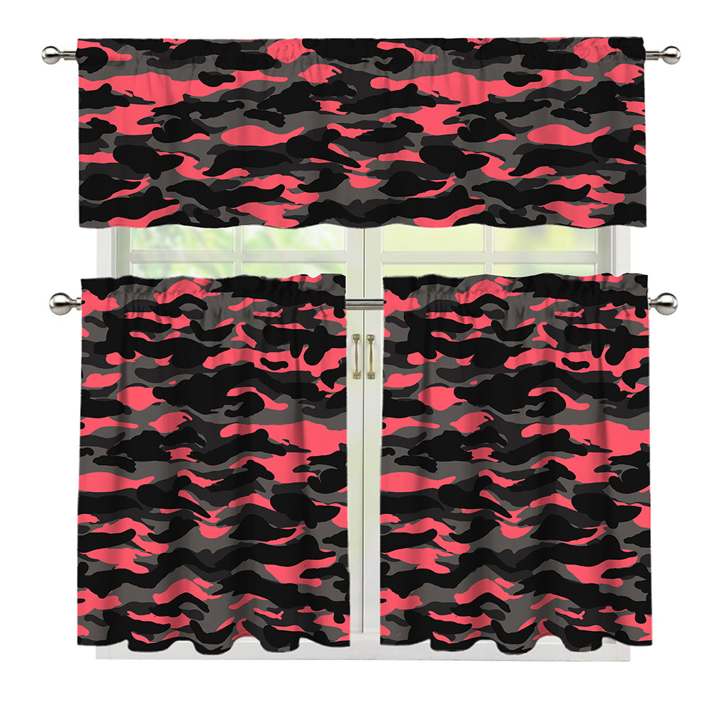 Black And Pink Camouflage Print 3 Piece Kitchen Curtains