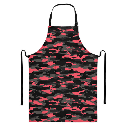 Black And Pink Camouflage Print Bib Apron With Pocket