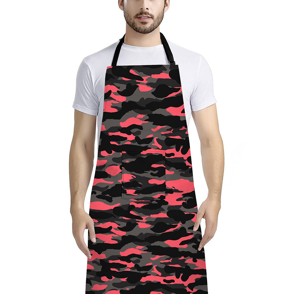 Black And Pink Camouflage Print Bib Apron With Pocket