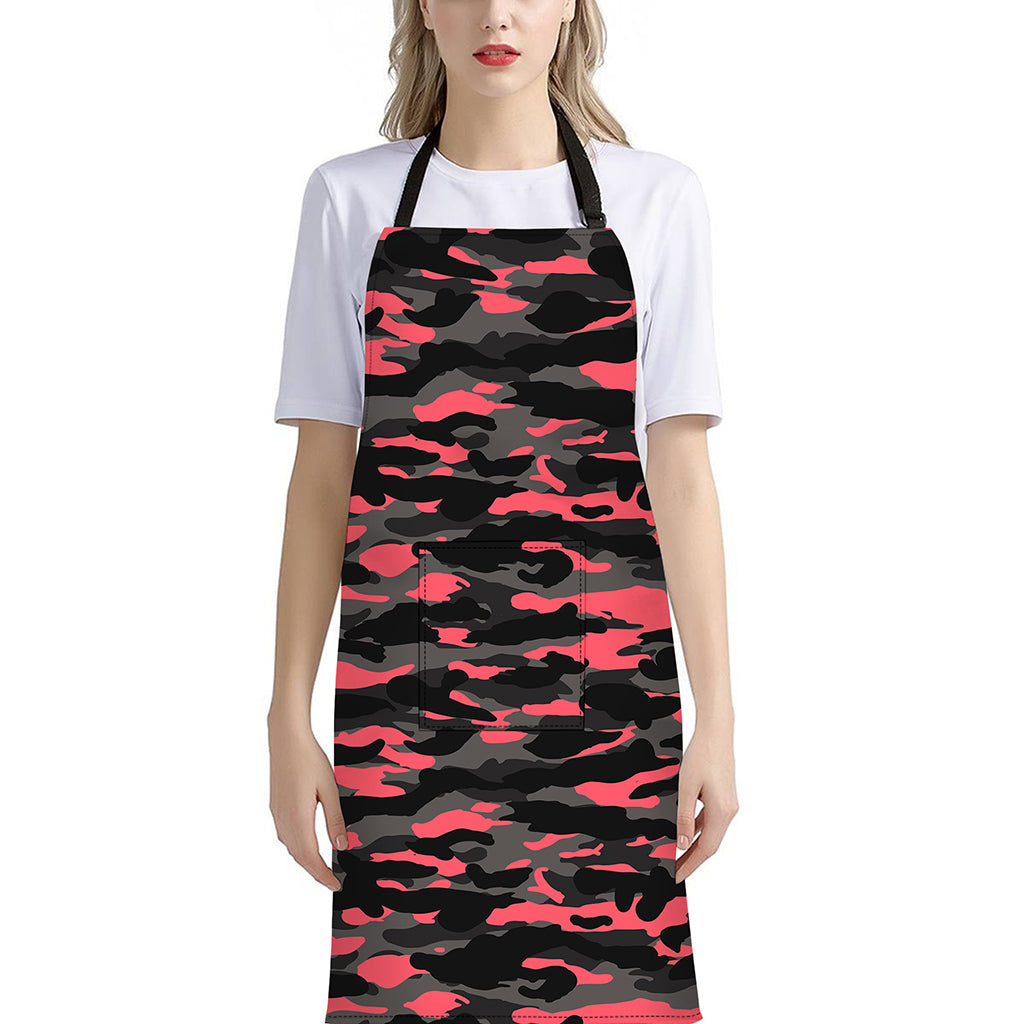 Black And Pink Camouflage Print Bib Apron With Pocket