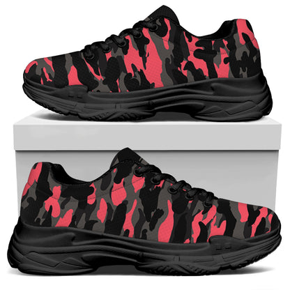 Black And Pink Camouflage Print Black Chunky Shoes