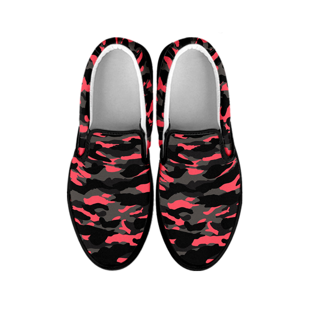 Black And Pink Camouflage Print Black Slip On Sneakers