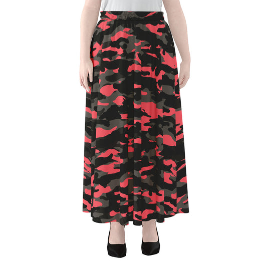 Black And Pink Camouflage Print Chiffon Maxi Skirt