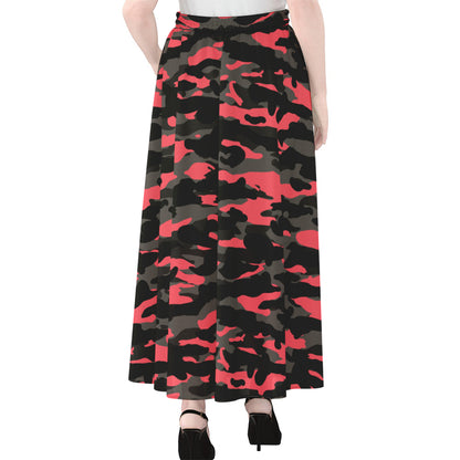 Black And Pink Camouflage Print Chiffon Maxi Skirt