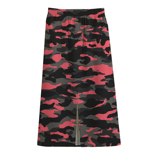 Black And Pink Camouflage Print Cotton Front Slit Maxi Skirt