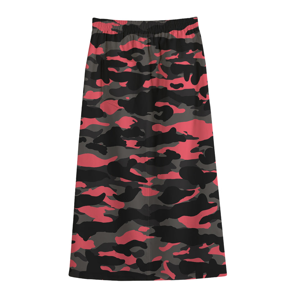 Black And Pink Camouflage Print Cotton Front Slit Maxi Skirt