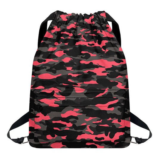 Black And Pink Camouflage Print Drawstring Backpack