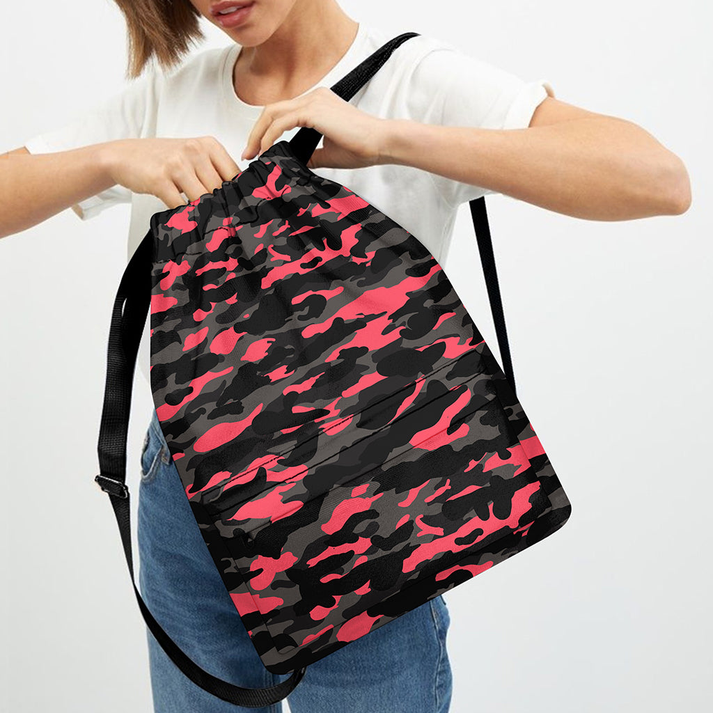 Black And Pink Camouflage Print Drawstring Backpack