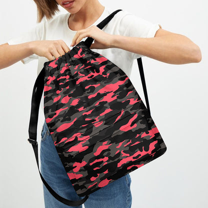 Black And Pink Camouflage Print Drawstring Backpack