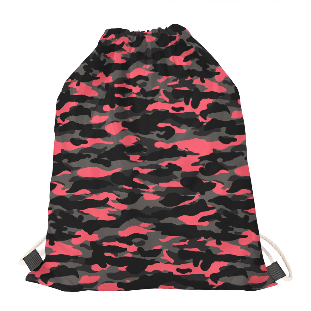 Black And Pink Camouflage Print Drawstring Bag