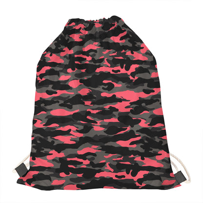 Black And Pink Camouflage Print Drawstring Bag
