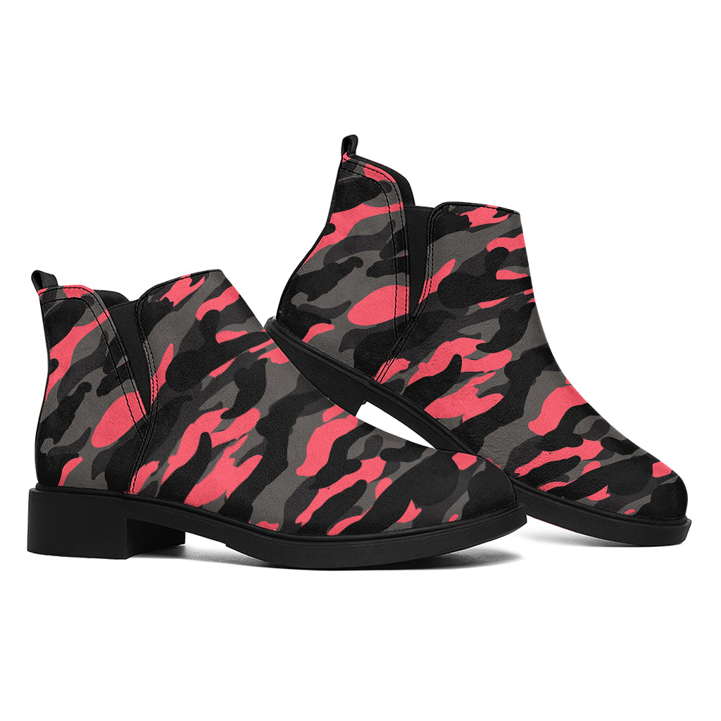 Black And Pink Camouflage Print Flat Ankle Boots