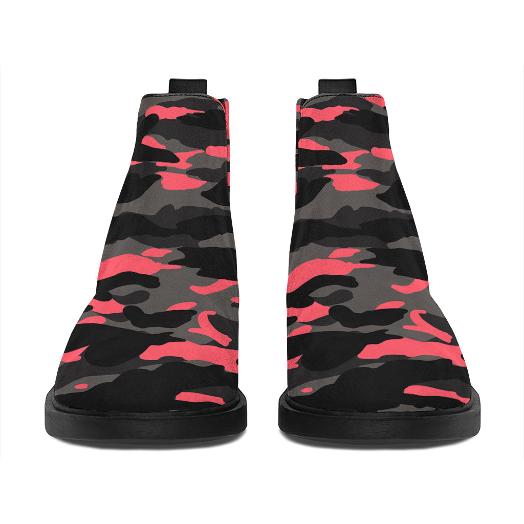 Black And Pink Camouflage Print Flat Ankle Boots