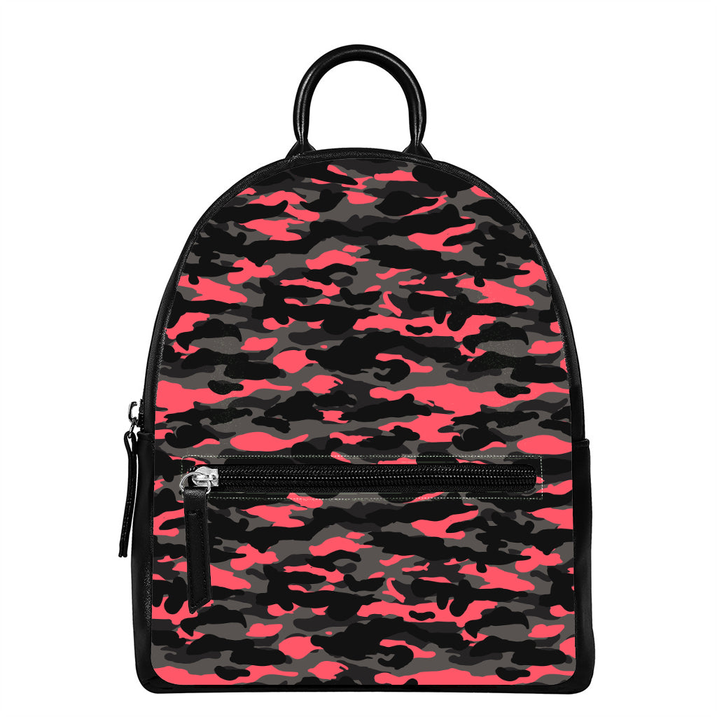Black And Pink Camouflage Print Leather Backpack