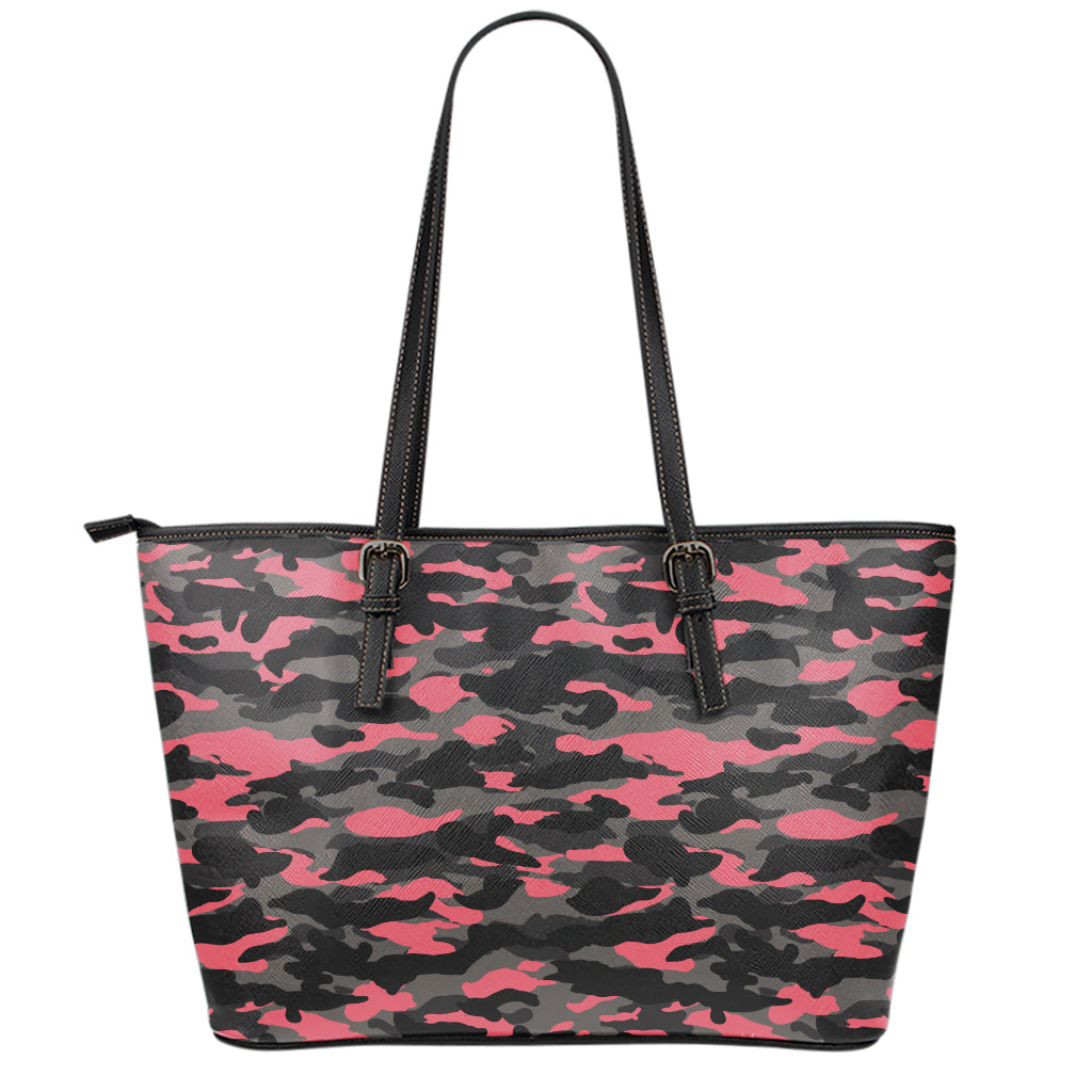 Black And Pink Camouflage Print Leather Tote Bag