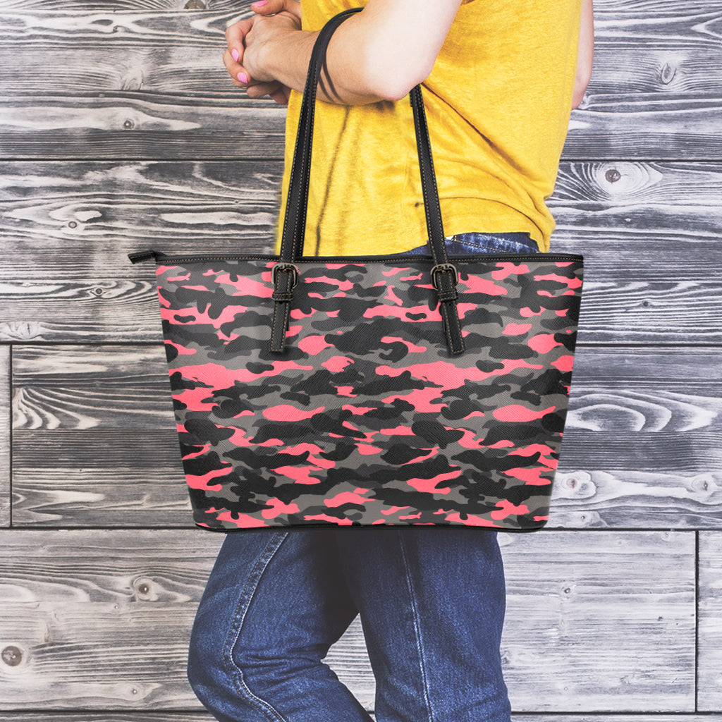 Black And Pink Camouflage Print Leather Tote Bag