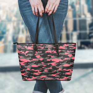 Black And Pink Camouflage Print Leather Tote Bag