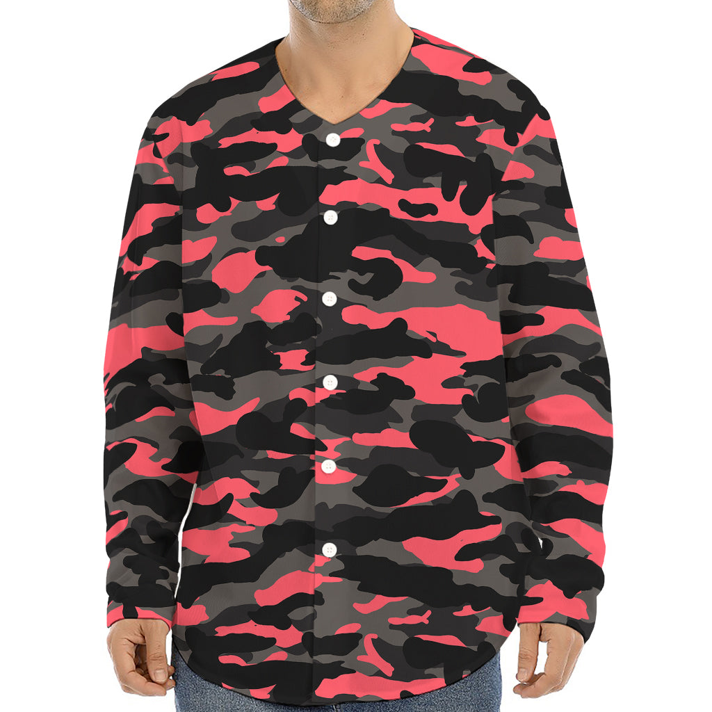 Black And Pink Camouflage Print Long Sleeve Baseball Jersey