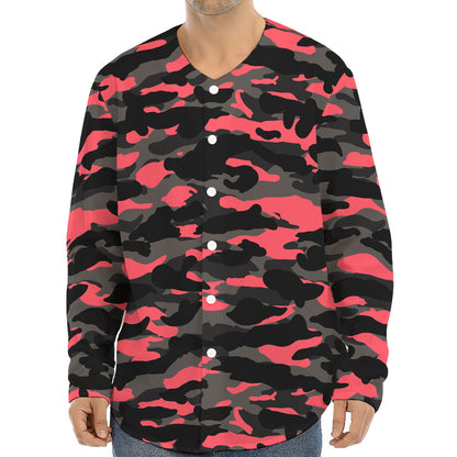 Black And Pink Camouflage Print Long Sleeve Baseball Jersey
