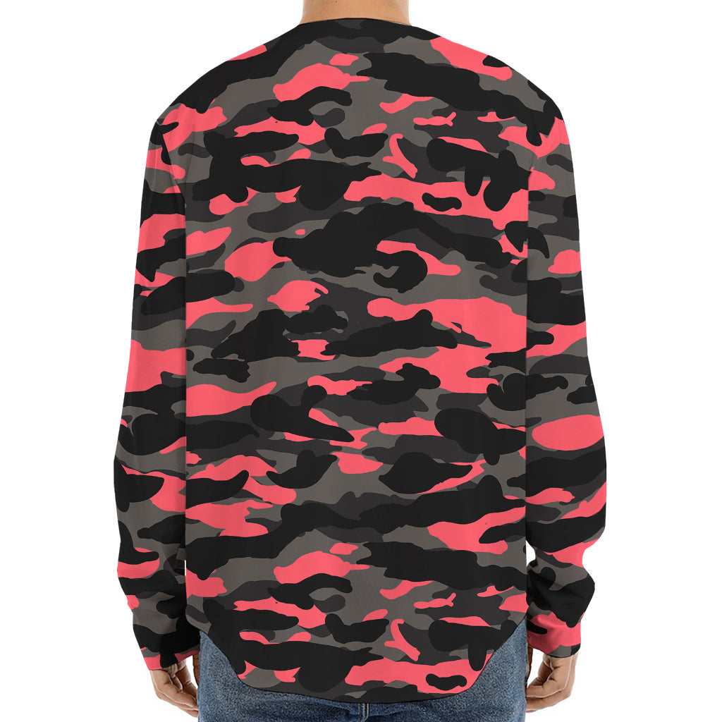 Black And Pink Camouflage Print Long Sleeve Baseball Jersey