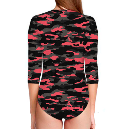 Black And Pink Camouflage Print Long Sleeve Swimsuit