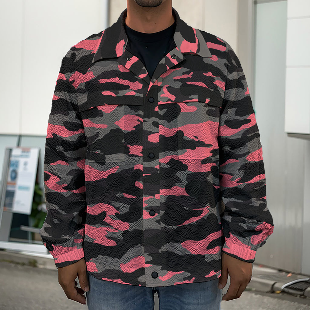 Black And Pink Camouflage Print Men's Shirt Jacket